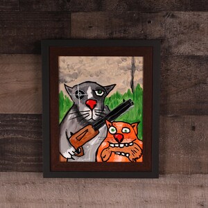 Peinture acrylique originale de chasse drôle de chat et de chien 8 x 10 encadré