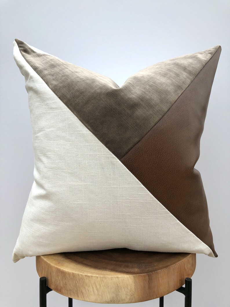 Faux Leather Throw Pillow Cover With Cream Linen Taupe Etsy