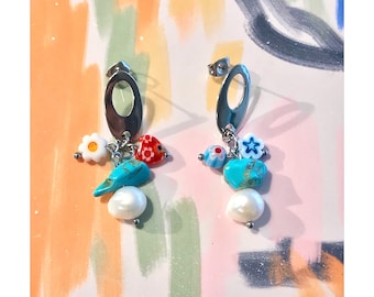 silver studs • charm earrings • turquoise earrings • pearl earrings • boho earrings • millefiori earrings • gift for her • freshwater pearl