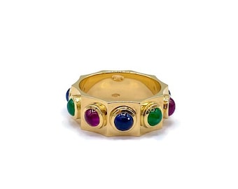 Byzantine style ring in 18KT gold for women or men with precious stones such as sapphires, emeralds, and rubies. Made in Italy.
