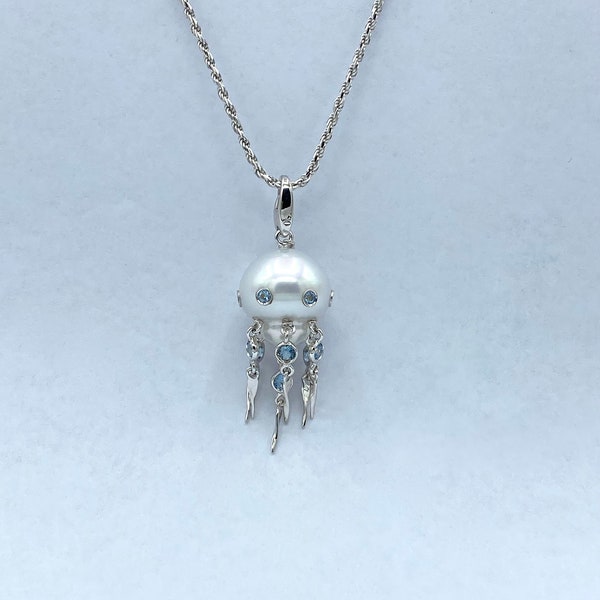 Medusa Pendant and/or Charm in 18Kt white gold with Australian pearl and Aquamarines