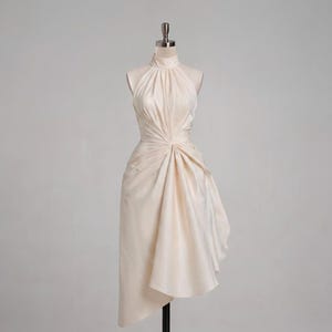 May include: A sleeveless cream-coloured dress featuring a high halter neckline and a fitted bodice. The fabric gathers at the centre waist, creating soft folds that drape into an asymmetrical hemline that falls below the knee on one side.