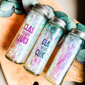 Glass full of happiness – Iridescent decorative glass with glitter filling / lucky charm / gift idea