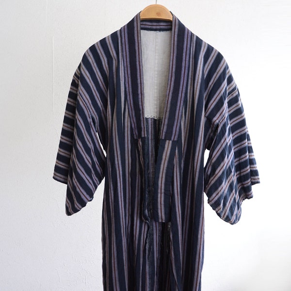 boro indigo kimono robe long cotton stripe japanese fabric vintage free shipping