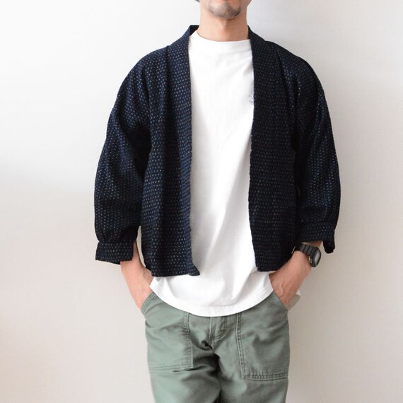 Noragi Jacket Men Indigo Kasuri Fabric Cotton Shir