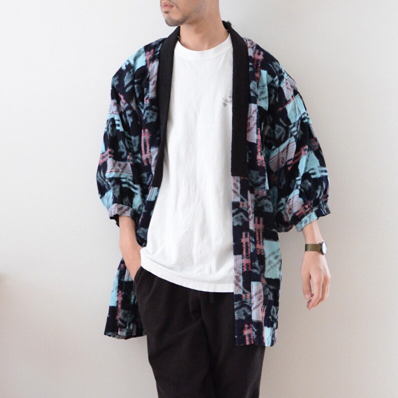 noragi jacket indigo kimono kasuri fabric japan vintage 40\uff5e50s cotton flower boro