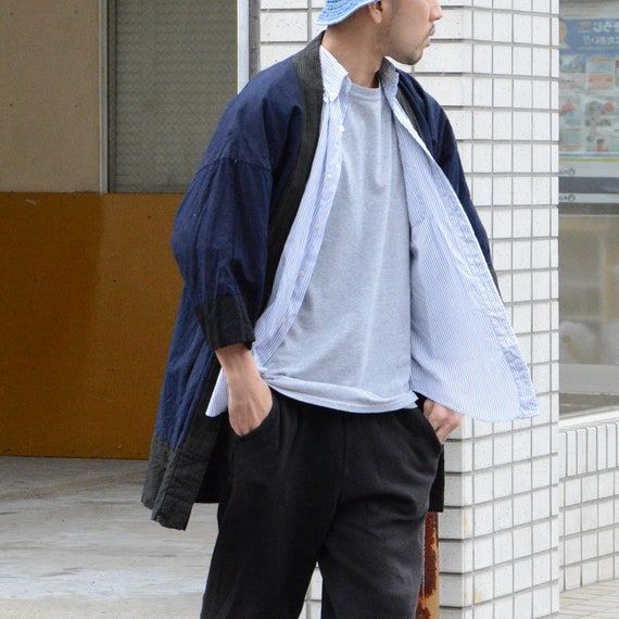 Noragi Jacket Men Indigo Kimono Cotton Stripe Japa