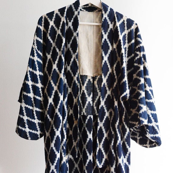 Indigo Kimono Robe Kasuri Fabric Cotton Japan Vint