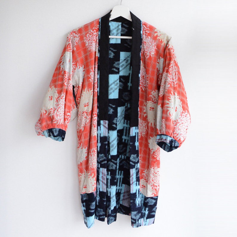 noragi jacket indigo kimono kasuri fabric japan vintage 40\uff5e50s cotton flower boro