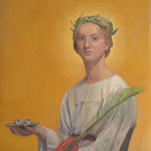 May include: A painting of a woman wearing a white robe and a laurel wreath. She is holding a plate with two eyeballs on it. The background is a yellow-gold color. The painting is signed "Blair Barlow Fine | Sacred Art".