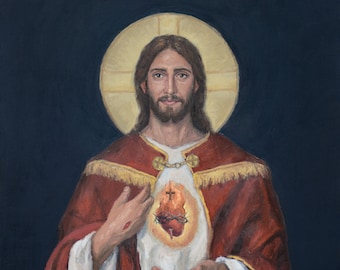 May include: A painting of Jesus Christ with a red robe and a golden halo. His heart is exposed, with a crown of thorns and a flame. The painting is signed "Blair Barlow FINE | SACRED ART".