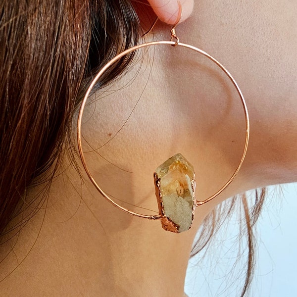 Crystal Hoop Earrings in Citrine Copper Electroformed, Gemstone Jewelry in Rose Quartz, Gift for Her