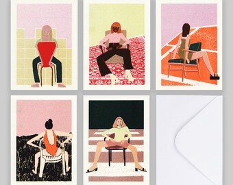 Sitting Women Postcards set of 5 folded cards with envelop