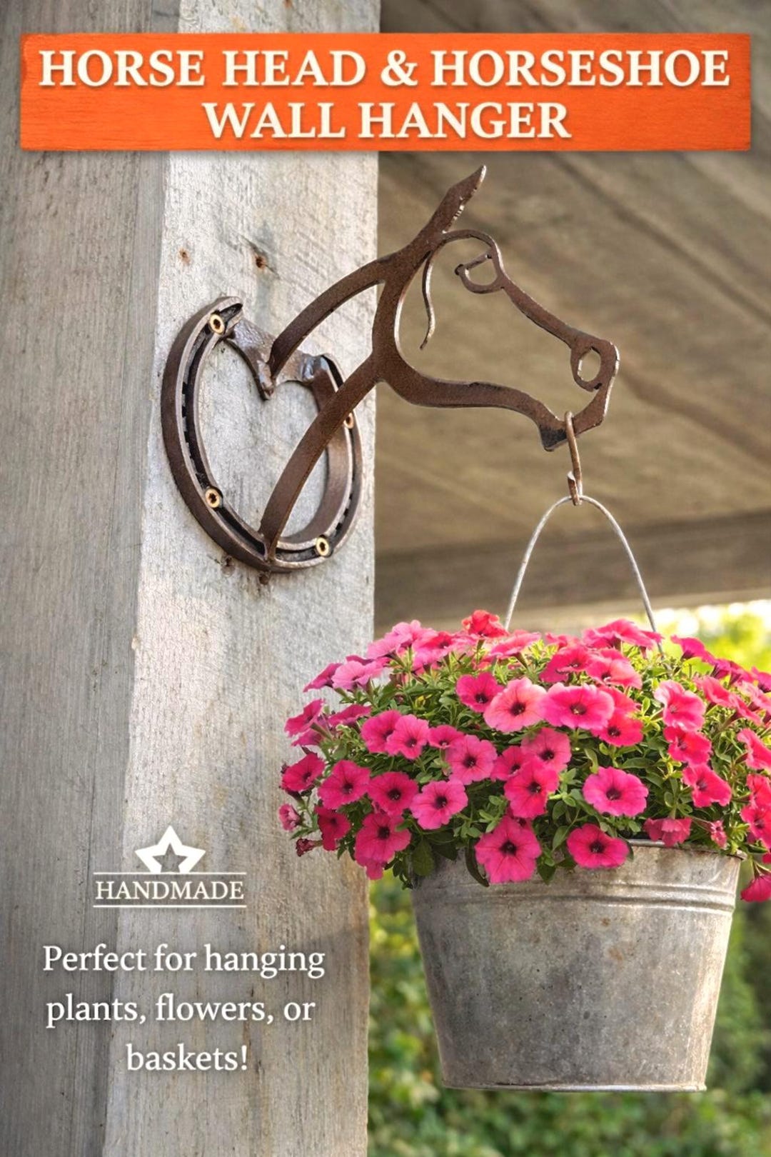 Metal Horse Head Plant Hanger, Handmade From Real Horseshoes, Equestrian Decor - Bronze