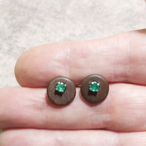 Natural Faceted Emerald Gemstones 3.8mm 0.3tcw Stud Earrings with Walnut Wood and Sterling Silver, May Birthstone54