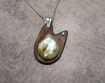 Walnut Wood, Brown Rose Baroque Pearl 25x20mm, Faceted Zircon Gemstone 2.8mm and Sterling Silver Pendant 165