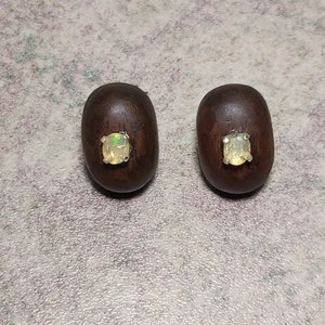 Rolling Flash Faceted Oval Opal 0.38tcw Stud Earrings with Walnut Wood and Sterling Silver, October Birthstone36