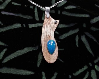 Mahogany Wood, Pear Shaped  Multicolour Flash Blue Opal 2.16ct, Faceted Black Diamond 0.093ct and Sterling Silver Pendant 215