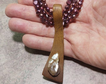 Burgundy Pearl Necklace 18inches with Teak Wood and Freshwater Baroque Pearl 27x15mm Pendant 16