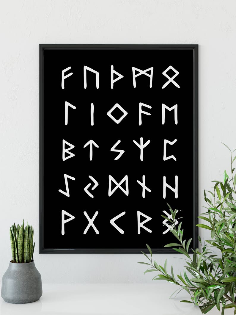 viking runes wall art printable art viking alphabet black etsy
