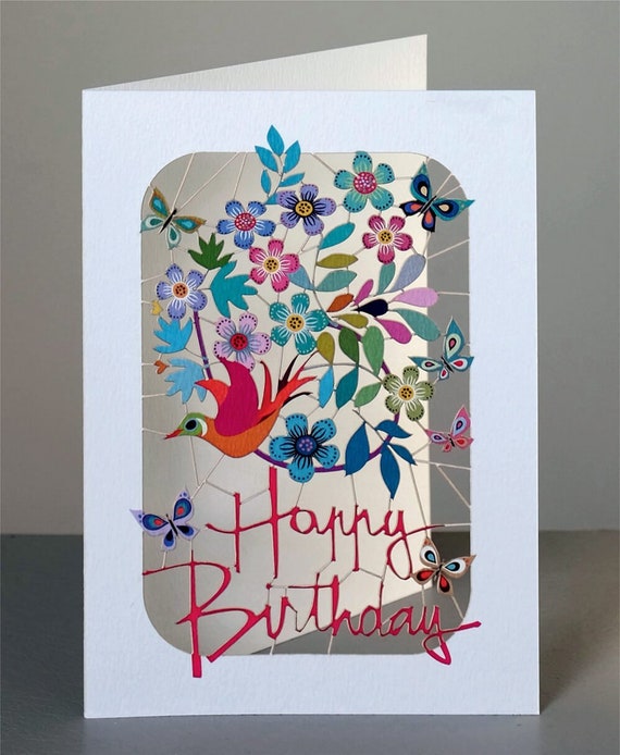 Joyeux Anniversaire Oiseaux Dans Les Fleurs De Carte De Voeux Découpé Au Laser