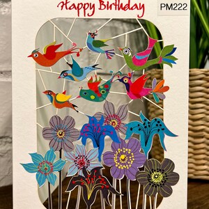 RPM222 Happy Birthday Birds Flying over Flowers card