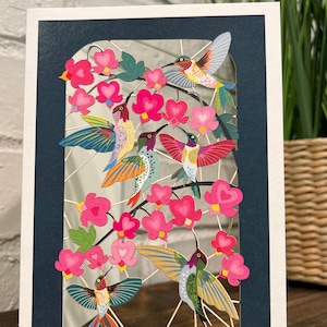 Hummingbirds with peonies laser cut card