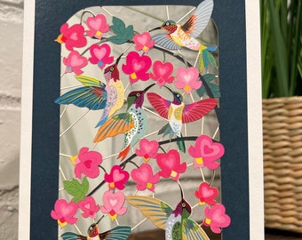 Hummingbirds with peonies laser cut card