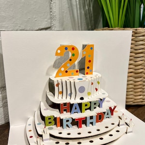 Carte Joyeux 21e anniversaire gâteau pop-up découpée au laser