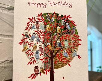 Happy Birthday tree and owls laser cut card