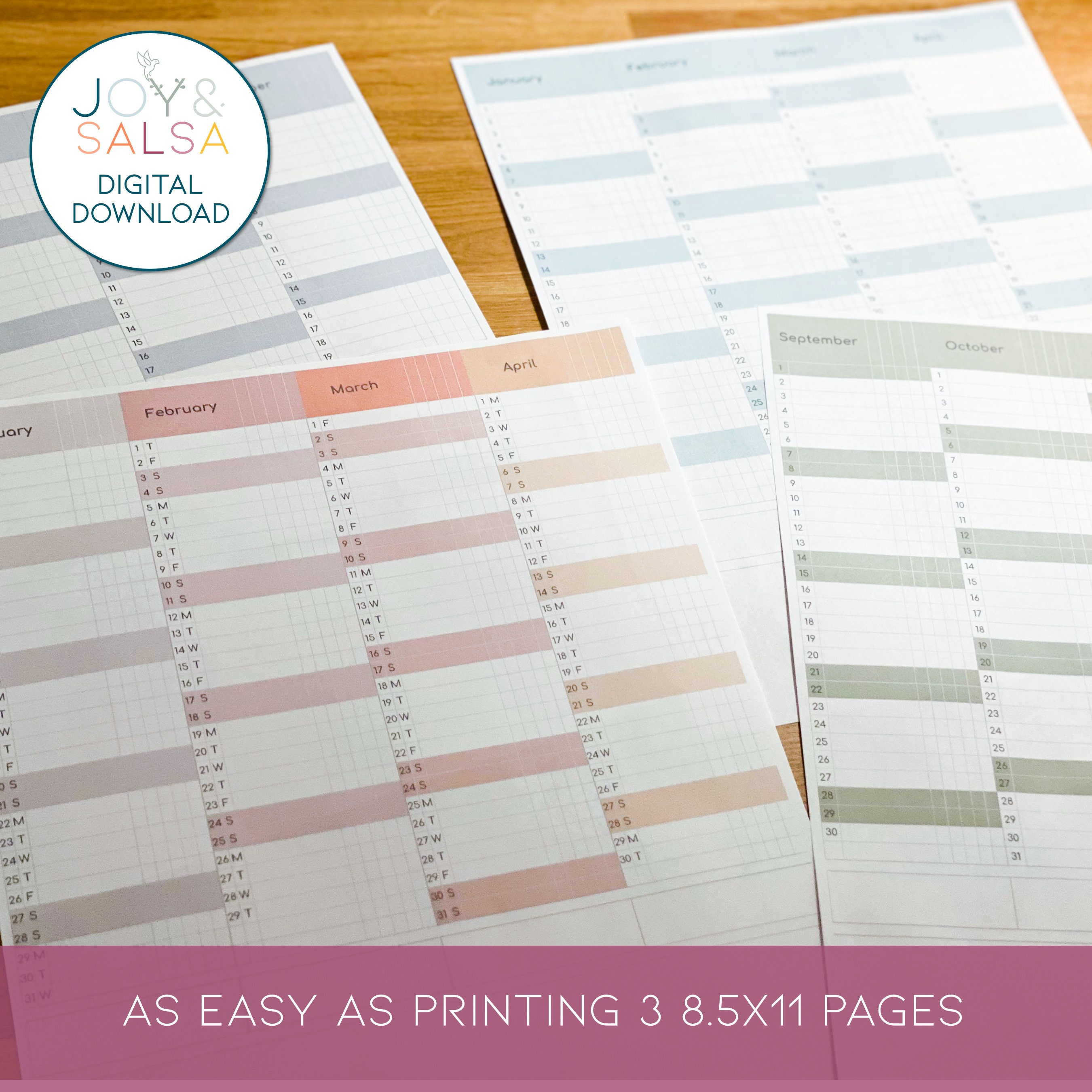 2024 Printable Year at A Glance Calendar ADHD Approved Printable ...