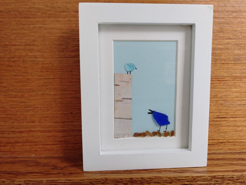 Seaglass Birds 3 x 4 inch Matted Frame with Genuine SeaglassWhimsical Art