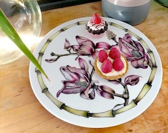 hand painted round porcelain presentation dish, artist decoration pink magnolia flowers, original gift, luxury craftsmanship