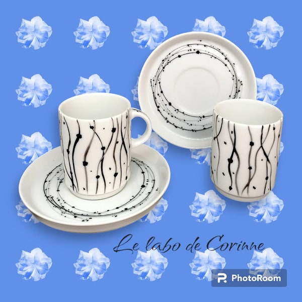 tasses à café avec sous tasses en porcelaine, duo, noir et blanc, cercles et points