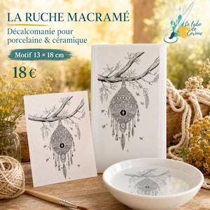 May include: A porcelain and ceramic decal sheet featuring a black and white line art illustration of a macrame beehive hanging from a tree branch. The design includes intricate patterns, hanging tassels, and small bees. The sheet measures 13 x 18 cm.