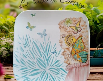 dessert plate, empty pocket, square, porcelain, woman and butterfly decor, hand painted, unique, luxury French craftsmanship