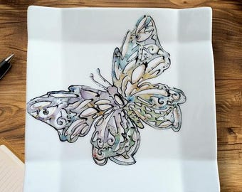 Quadratische Porzellanschale – Durchbrochenes Schmetterlingsmuster und Goldverzierungen – Handgefertigte Dekoration – Schmuck-/Leckerlischale – Einzigartiges handgefertigtes Stück