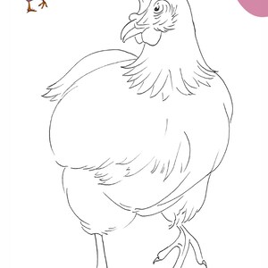 May include: A black and white line drawing of a hen. The hen is standing on one leg and has its head turned to the side. The hen is facing the left side of the image.