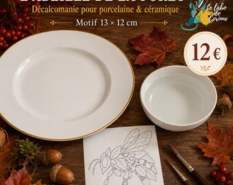 Waldbienen-Abziehbild für Porzellan – Schwarz-weißes Konturabziehbild zum Bemalen – Herbstmotiv 13 × 12 cm
