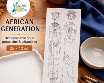 Porzellanabziehbild „African Generation“ – Große Schwarz-Weiß-Chromolithografie zum Bemalen – Künstlerzeichnung 28 × 10 cm**