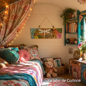 Può includere: Una camera da letto in stile bohémien con un letto coperto da biancheria da letto e cuscini dai motivi colorati. Un cartello decorativo in legno con una libellula è appeso alla parete. Un orsacchiotto è seduto vicino a un cesto di libri. Finestra con fiori e lampada.