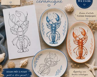 Transfert / Décalcomanie chromo céramique – Homard-Contour de dessin original de Corinne JeanJacques