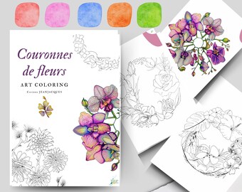 PDF "Flower Crowns", coloring art, outline and color drawing templates, by artist Corinne JEANJACQUES