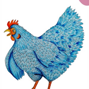 May include: A blue chicken with orange legs and a red comb. The chicken is standing on a white background.