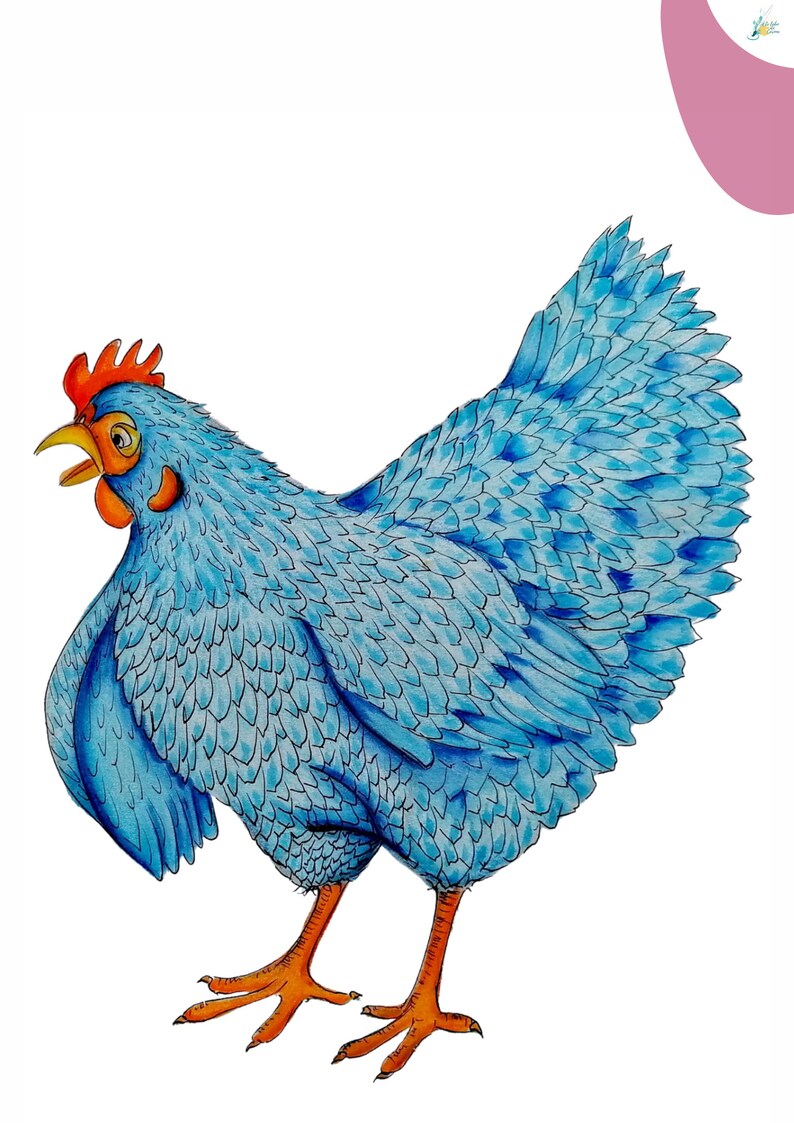 May include: A blue chicken with orange legs and a red comb. The chicken is standing on a white background.