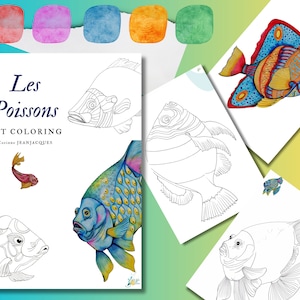Puede incluir: Un libro para colorear titulado "Les Poissons Art Coloring" de Corinne Jeanjacques, que presenta ilustraciones de varios peces. La portada presenta un pez colorido con escamas azules, amarillas y verdes. El libro incluye una variedad de peces para colorear, incluido un pez pequeño con escamas rosadas.