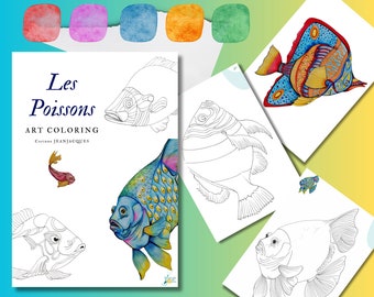 PDF "Les Poissons", art coloring book, contour and color drawing models, by the artist Corinne JEANJACQUES