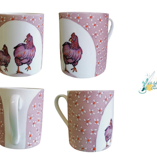 Mug  en porcelaine, ave cuillère bijoux perles , décor poules violette , imaginé par artiste (VIOLETTE),dominante rose, violet