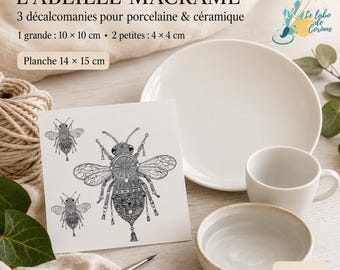 3 décalcomanies abeilles macramé pour porcelaine – Chromos noir et blanc – Grande abeille et 2 petits motifs