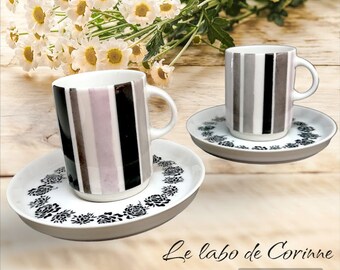 coffee cups with saucers, duo, black and white, roses and bayadère